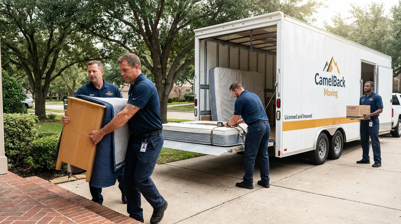 Crew loading residential truck for cross-state move from Spirit Lake, ID