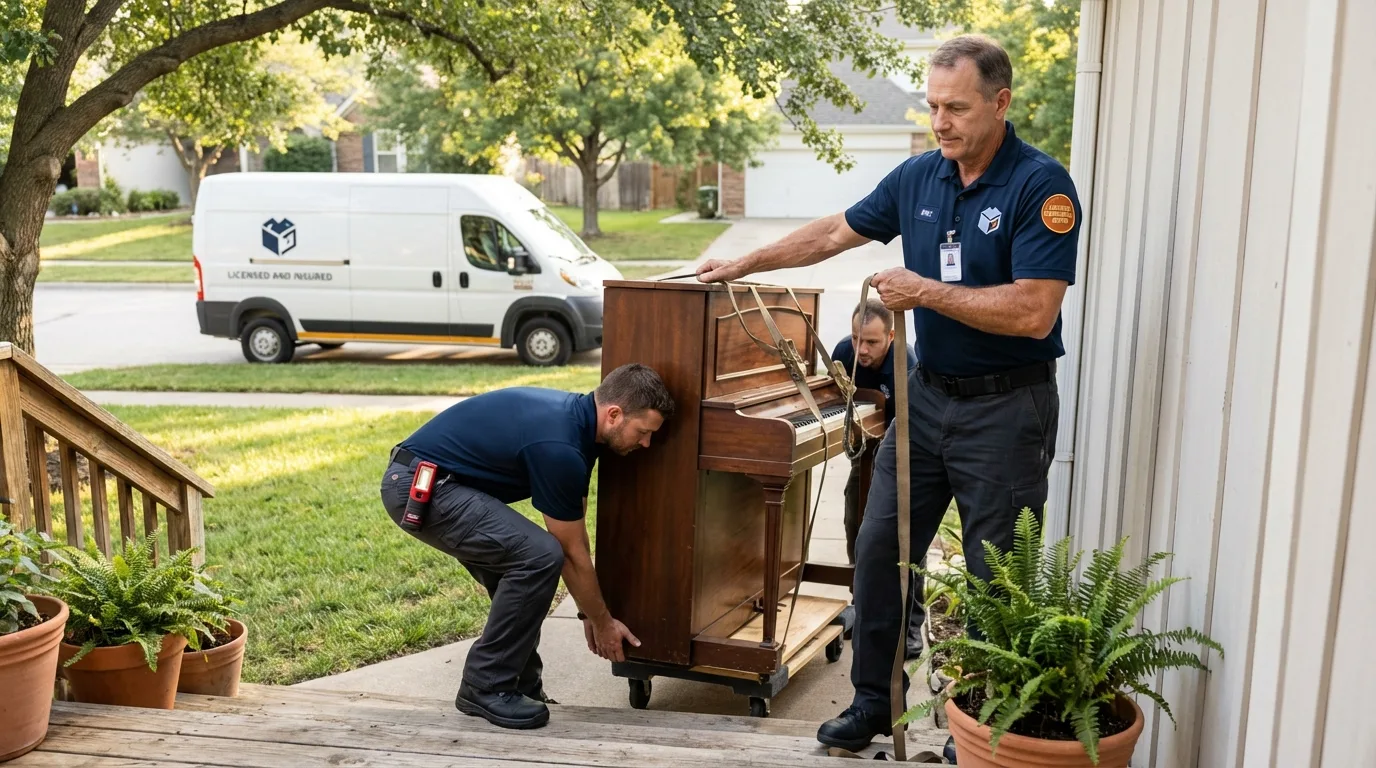 Licensed piano movers securing grand piano in Spirit Lake, ID