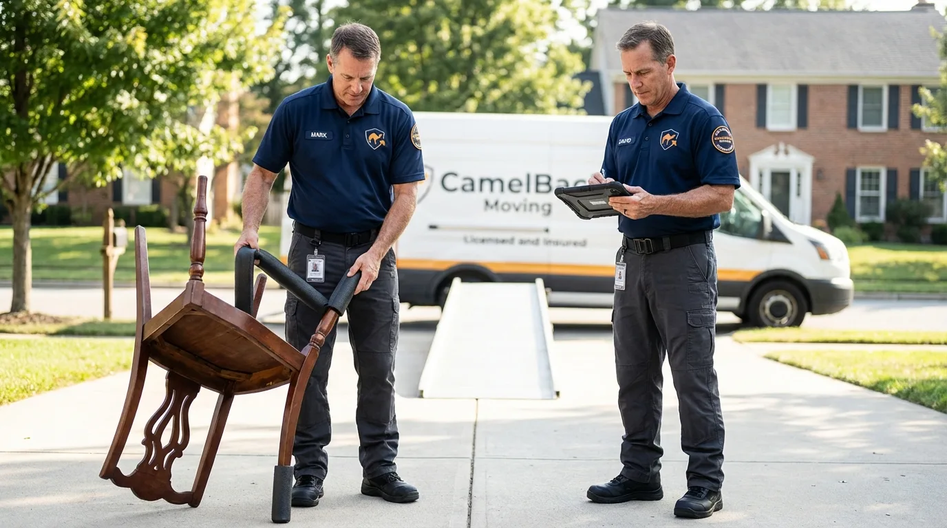 Movers inspecting furniture for damage prevention before loading in Spirit Lake, ID