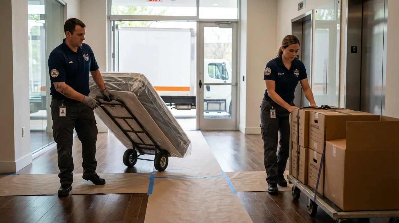 Professional apartment movers loading elevator in Spirit Lake, ID