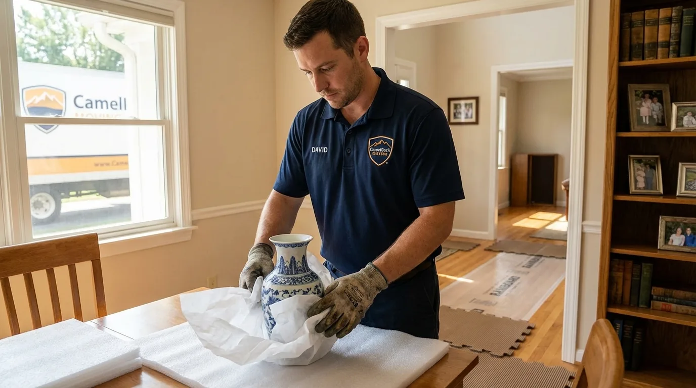 Professional crew carefully wrapping antique vase for senior downsizing move in Spirit Lake, ID